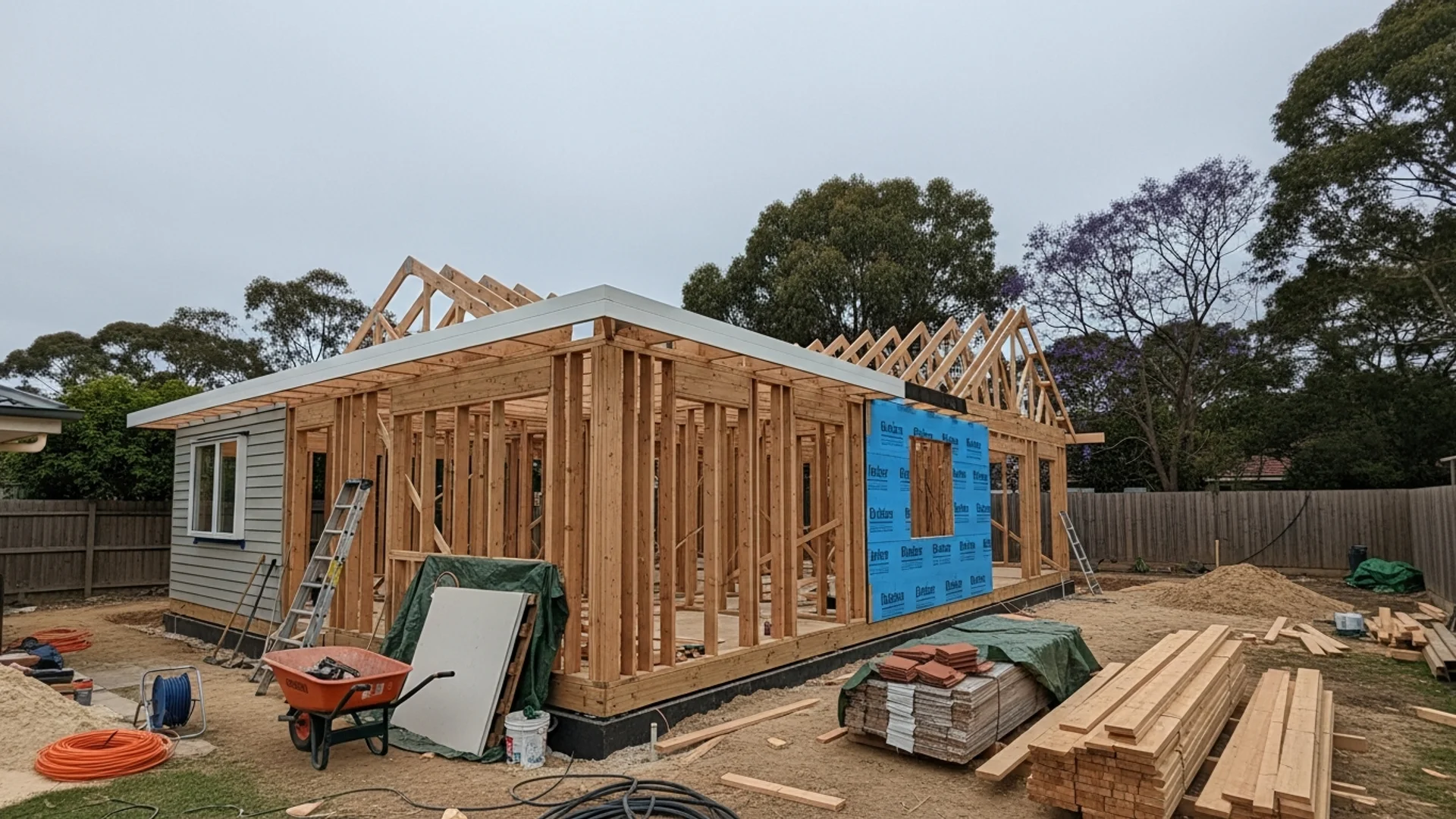 Granny flat under construction with timber frame in an Australian backyard setting