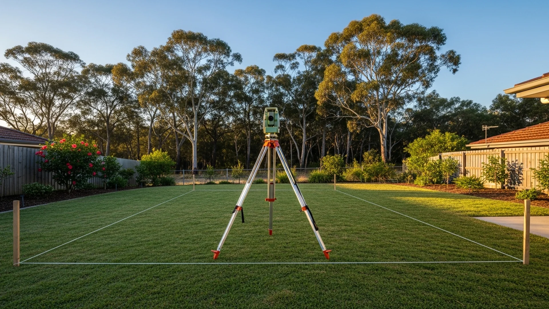 Surveyor's measuring equipment set up in an Australian suburban backyard with a granny flat site marked out with string lines and timber pegs