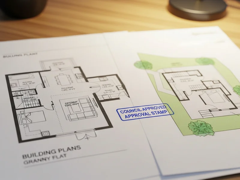 Council-approved building plans with a blue approval stamp, showing floor plan and site layout of a granny flat