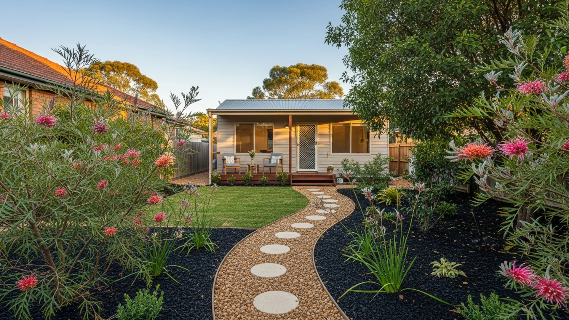 Charming completed granny flat in a lush Australian backyard garden with native plantings in golden afternoon light