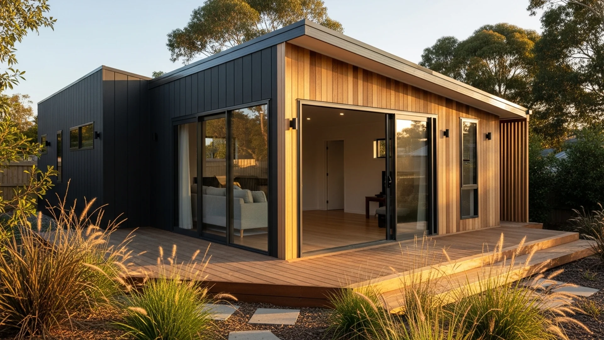 Contemporary granny flat with mixed cladding and timber deck in an Australian backyard