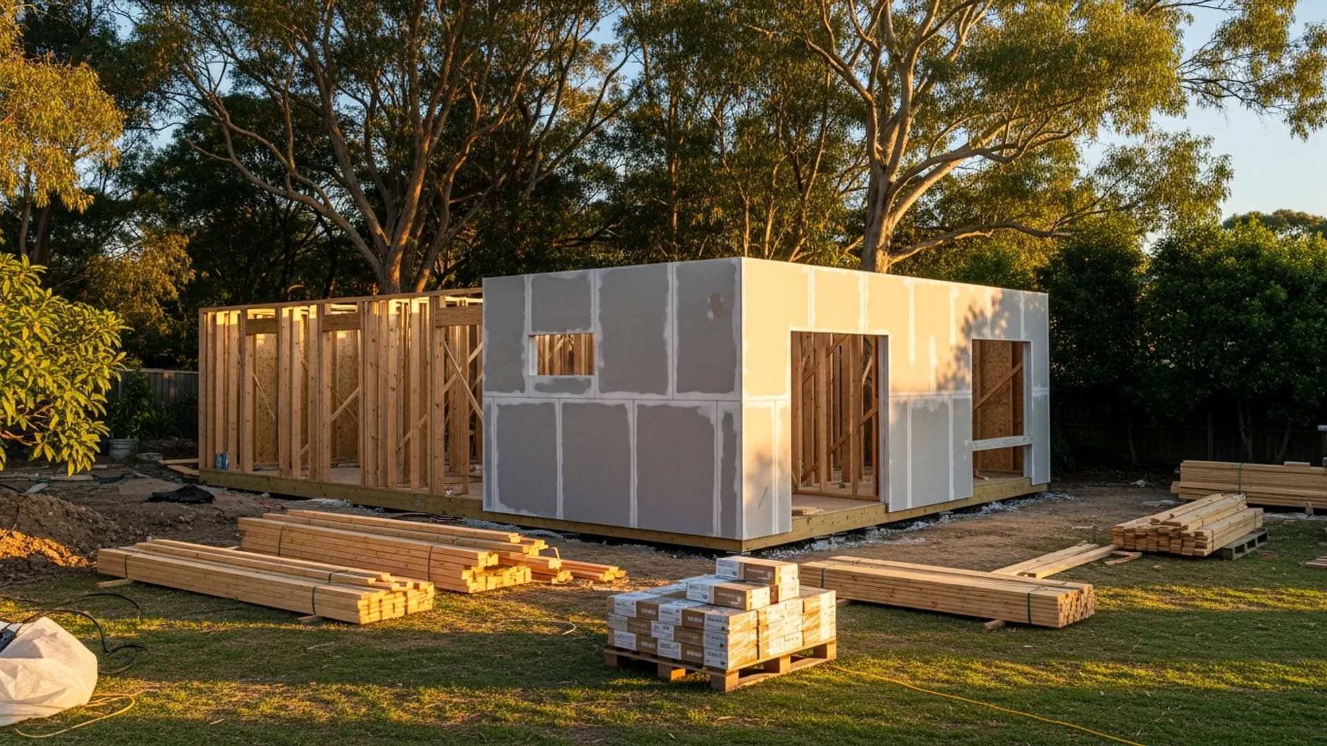 Modern granny flat under construction in a Sydney backyard with timber framing and fibre cement cladding