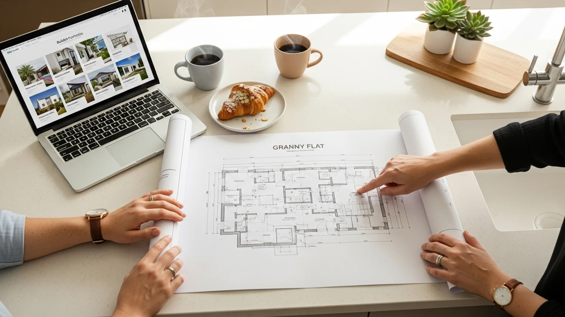 Hands reviewing granny flat building plans and a laptop showing builder portfolios on a kitchen island in a bright Australian home interior.