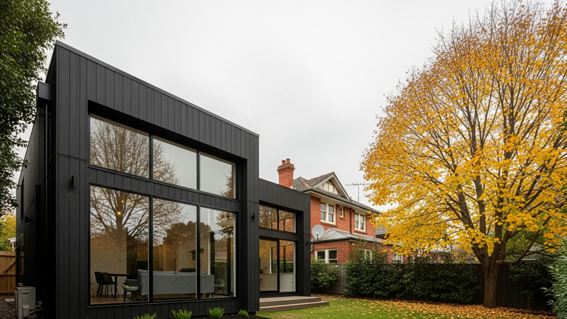 Modern weatherboard granny flat with dark charcoal cladding in a Melbourne suburban backyard